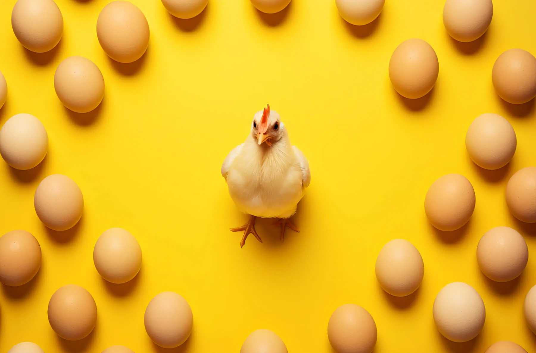 A chicken surrounded by eggs on a yellow background
