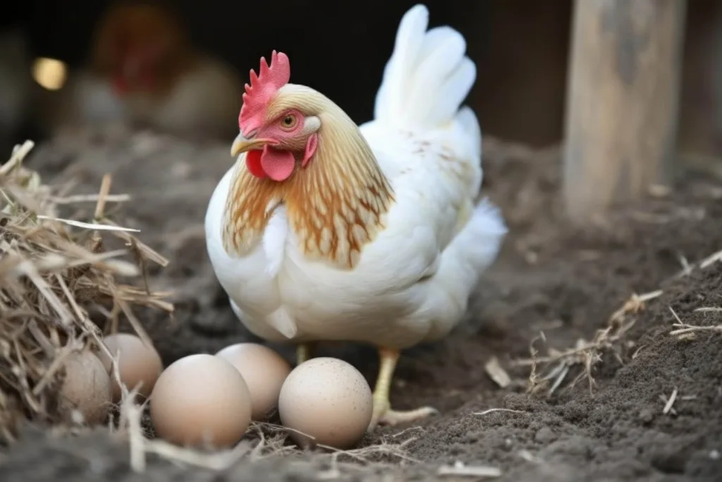 A chicken standing near a pile of chicken eggs in a suburban backyard
